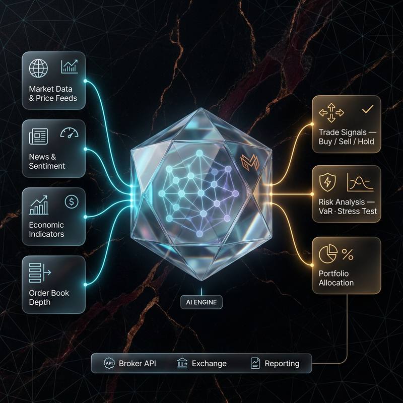A diagram of the Misovex AI engine: market data, news and order-book feeds converging on a core that outputs trade signals, risk analysis and portfolio allocation