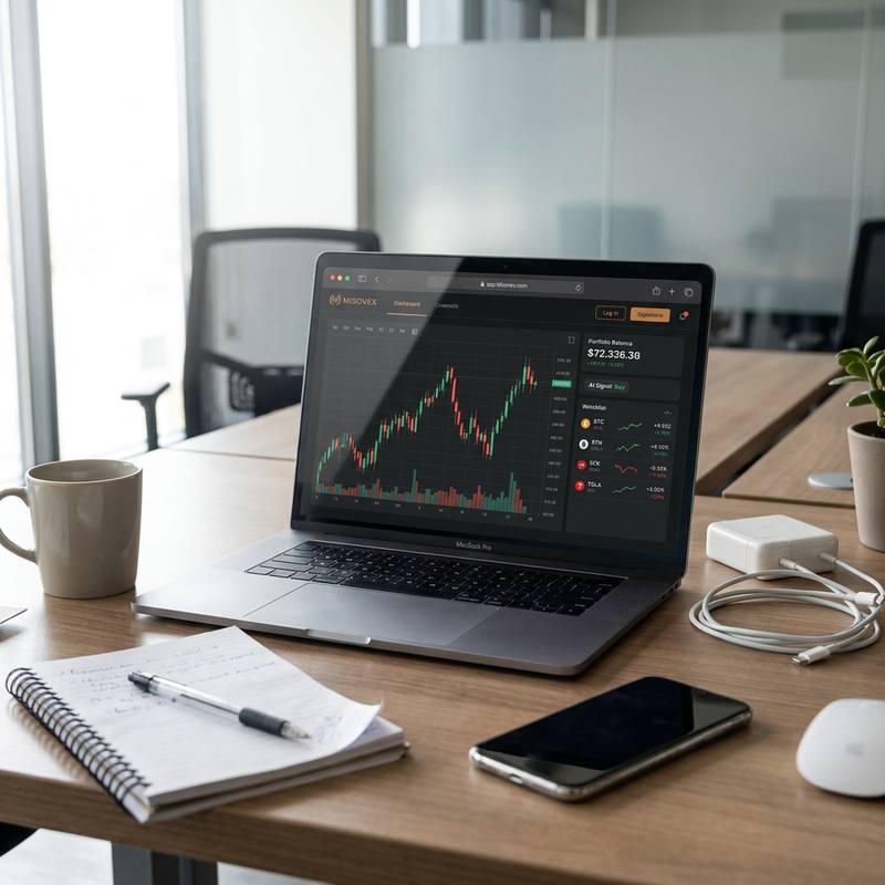 The Misovex dashboard open on a laptop, showing a candlestick chart, the portfolio balance and a crypto watchlist
