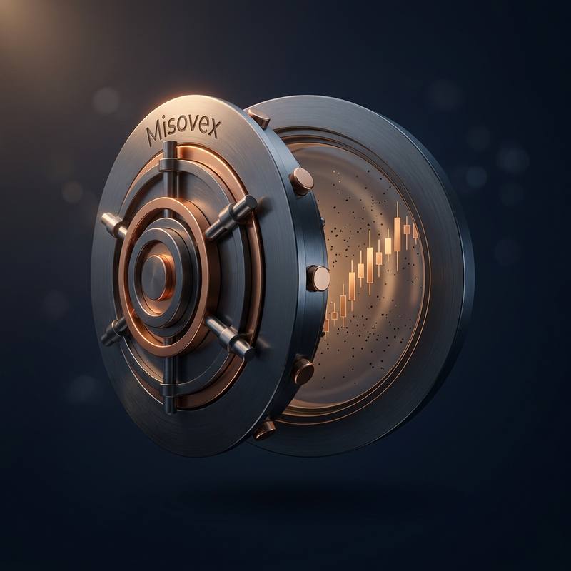 A digital vault engraved with the Misovex name, opening onto a copper candlestick chart