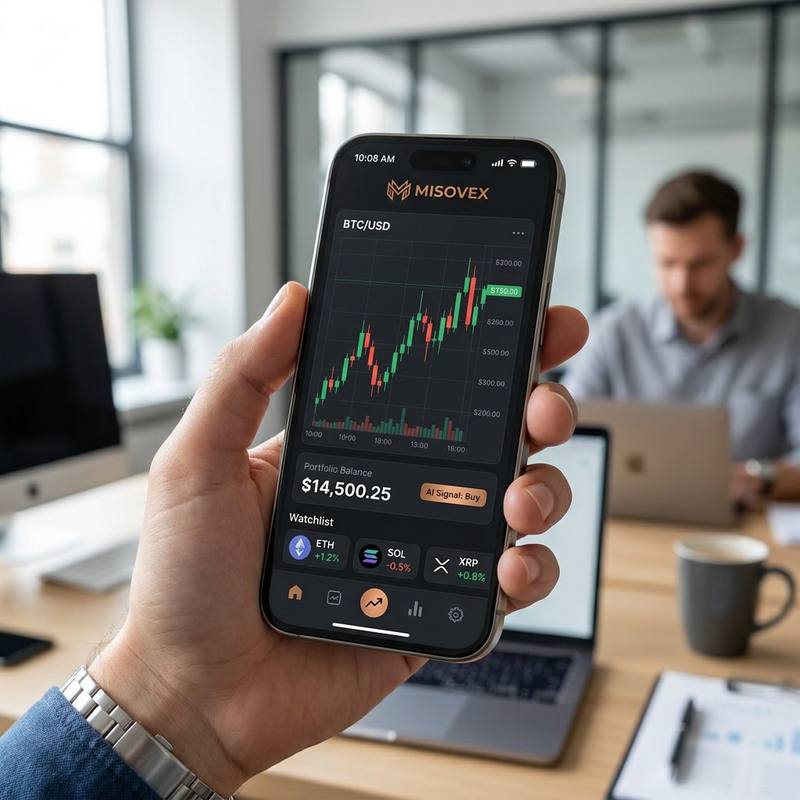 Une main tenant un smartphone affichant l'application Misovex&nbsp;: graphique BTC, solde du portefeuille et liste de suivi