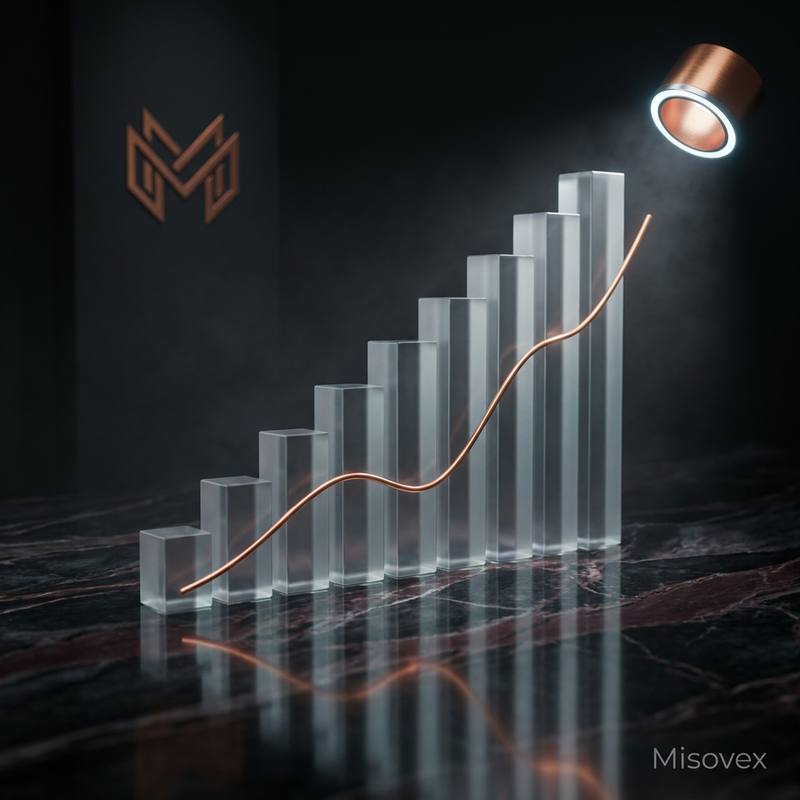 A frosted-glass bar chart topped by a rising copper trend line, beneath the Misovex logo