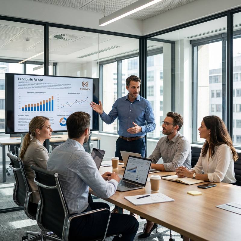 L'équipe Misovex réunie en salle de réunion autour d'une présentation de rapport économique affichée à l'écran
